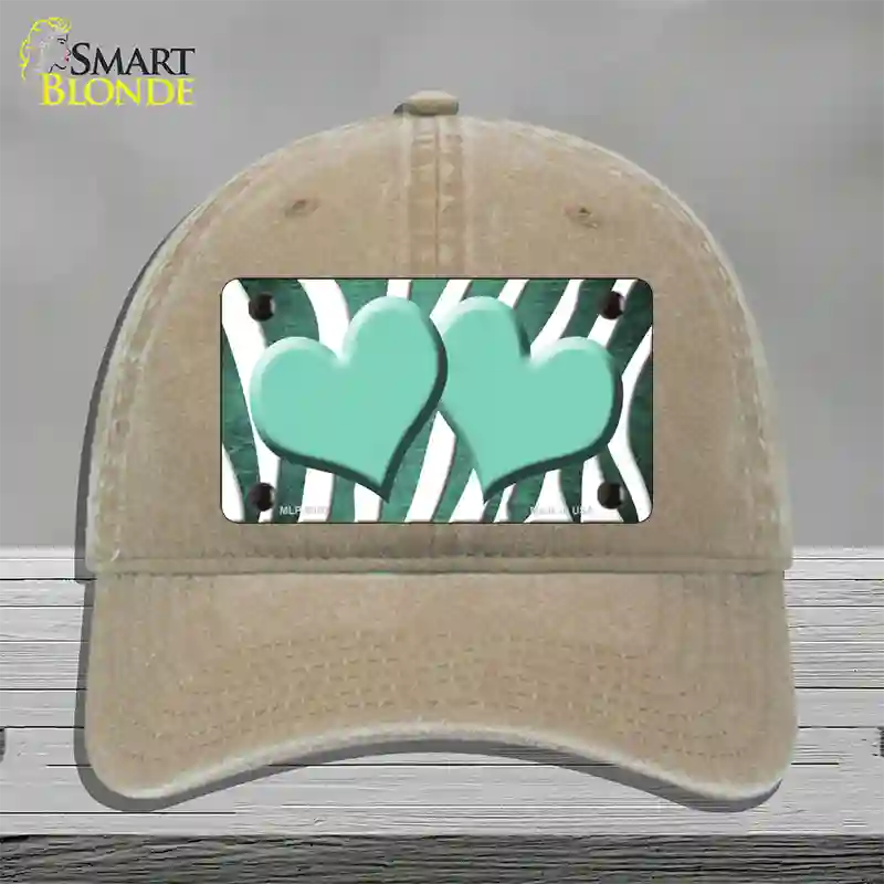 Mint White Zebra Hearts Oil Rubbed Novelty License Plate Hat Unconstructed Cotton / Khaki