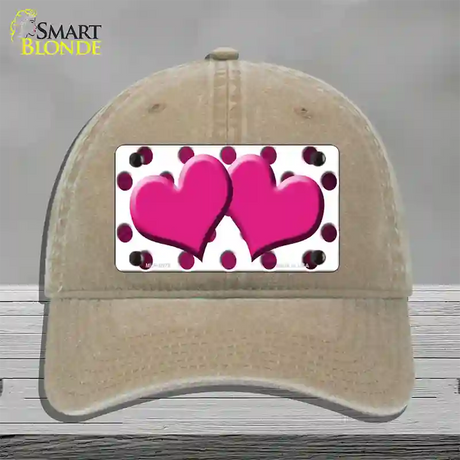 Pink White Dots Hearts Oil Rubbed Novelty License Plate Hat Unconstructed Cotton / Khaki