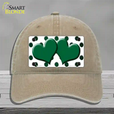 Green White Dots Hearts Oil Rubbed Novelty License Plate Hat Unconstructed Cotton / Khaki