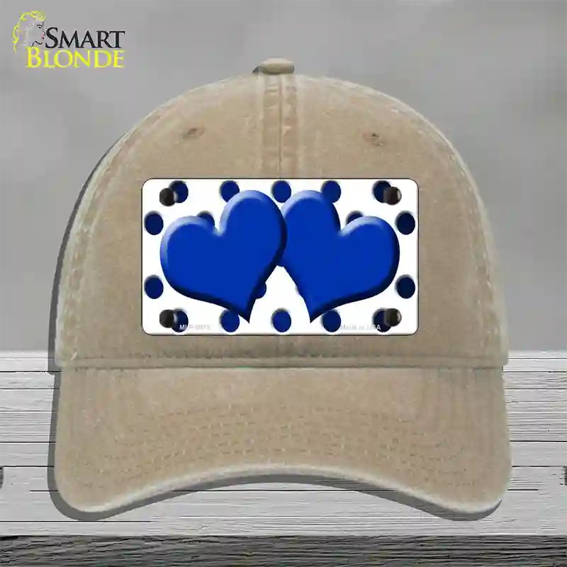 Blue White Dots Hearts Oil Rubbed Novelty License Plate Hat Unconstructed Cotton / Khaki