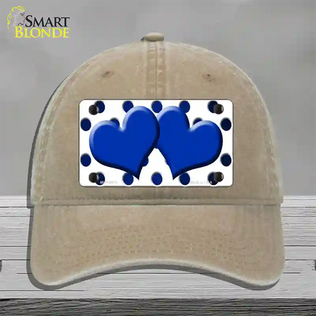 Blue White Dots Hearts Oil Rubbed Novelty License Plate Hat Unconstructed Cotton / Khaki