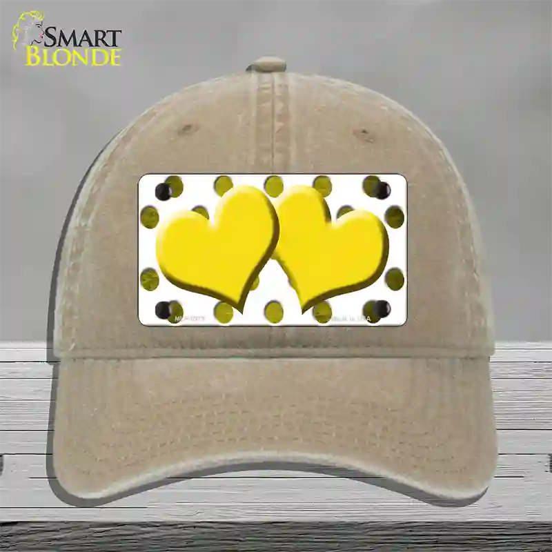 Yellow White Dots Hearts Oil Rubbed Novelty License Plate Hat Unconstructed Cotton / Khaki