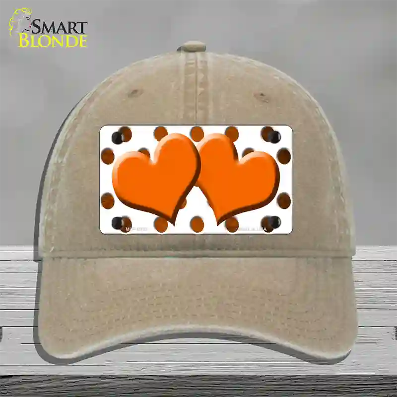 Orange White Dots Hearts Oil Rubbed Novelty License Plate Hat Unconstructed Cotton / Khaki