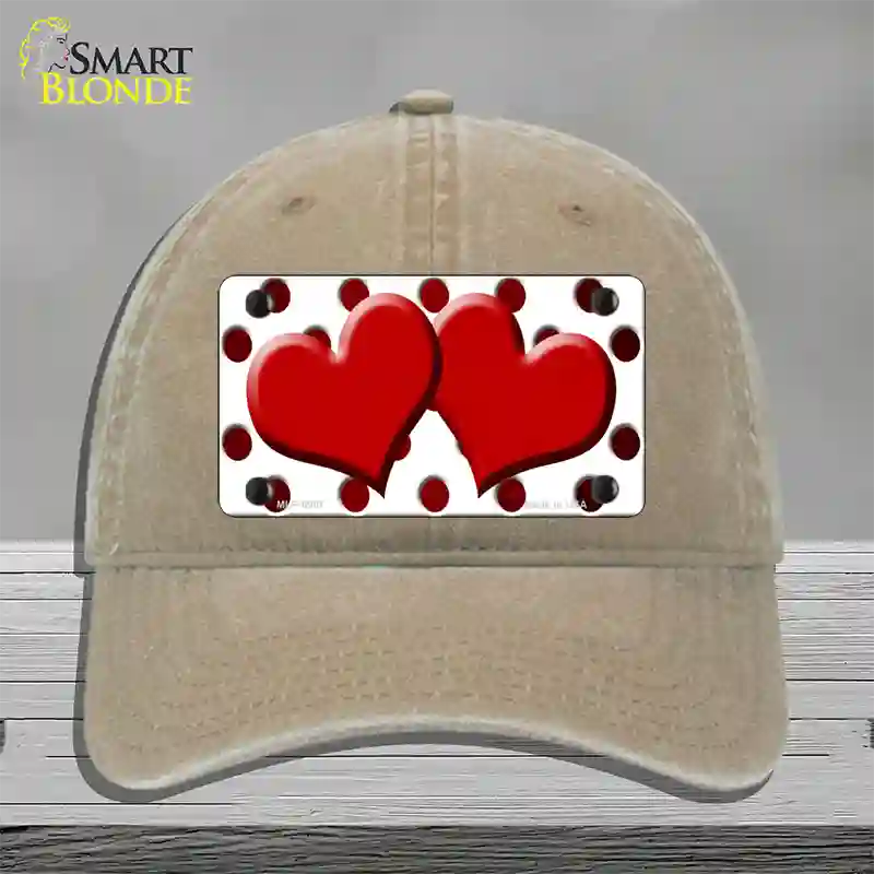 Red White Dots Hearts Oil Rubbed Novelty License Plate Hat Unconstructed Cotton / Khaki