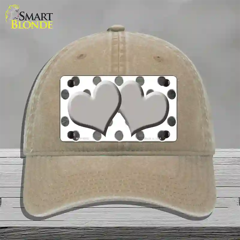 Gray White Dots Hearts Oil Rubbed Novelty License Plate Hat Unconstructed Cotton / Khaki