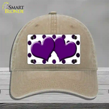 Purple White Dots Hearts Oil Rubbed Novelty License Plate Hat Unconstructed Cotton / Khaki