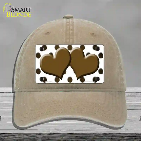 Brown White Dots Hearts Oil Rubbed Novelty License Plate Hat Unconstructed Cotton / Khaki