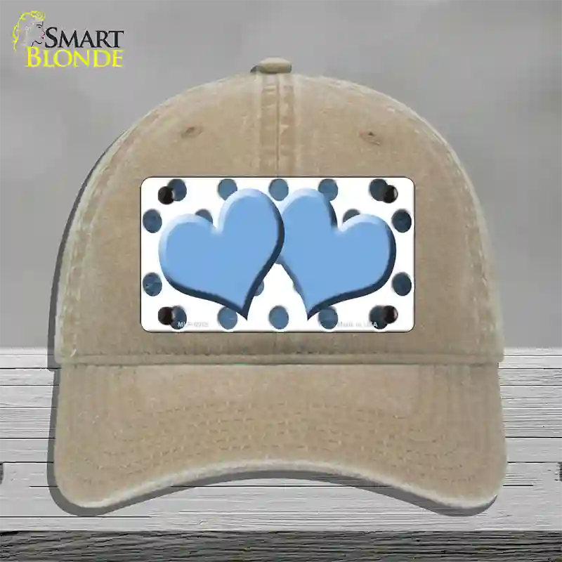 Light Blue White Dots Hearts Oil Rubbed Novelty License Plate Hat Unconstructed Cotton / Khaki