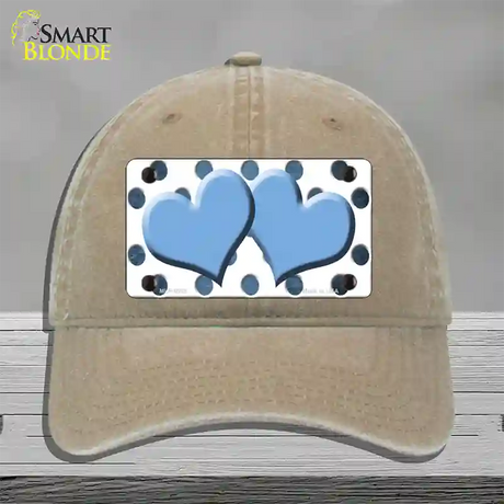 Light Blue White Dots Hearts Oil Rubbed Novelty License Plate Hat Unconstructed Cotton / Khaki