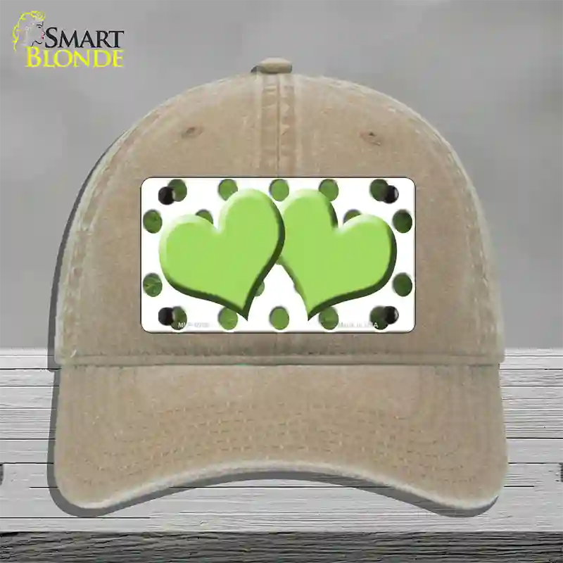 Lime Green White Dots Hearts Oil Rubbed Novelty License Plate Hat Unconstructed Cotton / Khaki