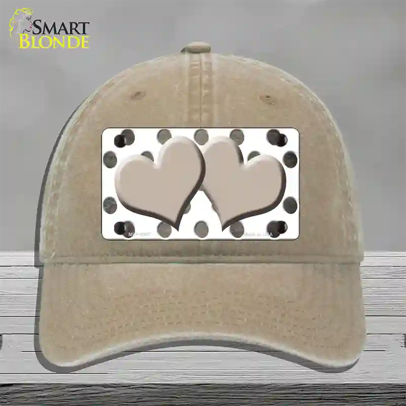 Tan White Dots Hearts Oil Rubbed Novelty License Plate Hat Unconstructed Cotton / Khaki