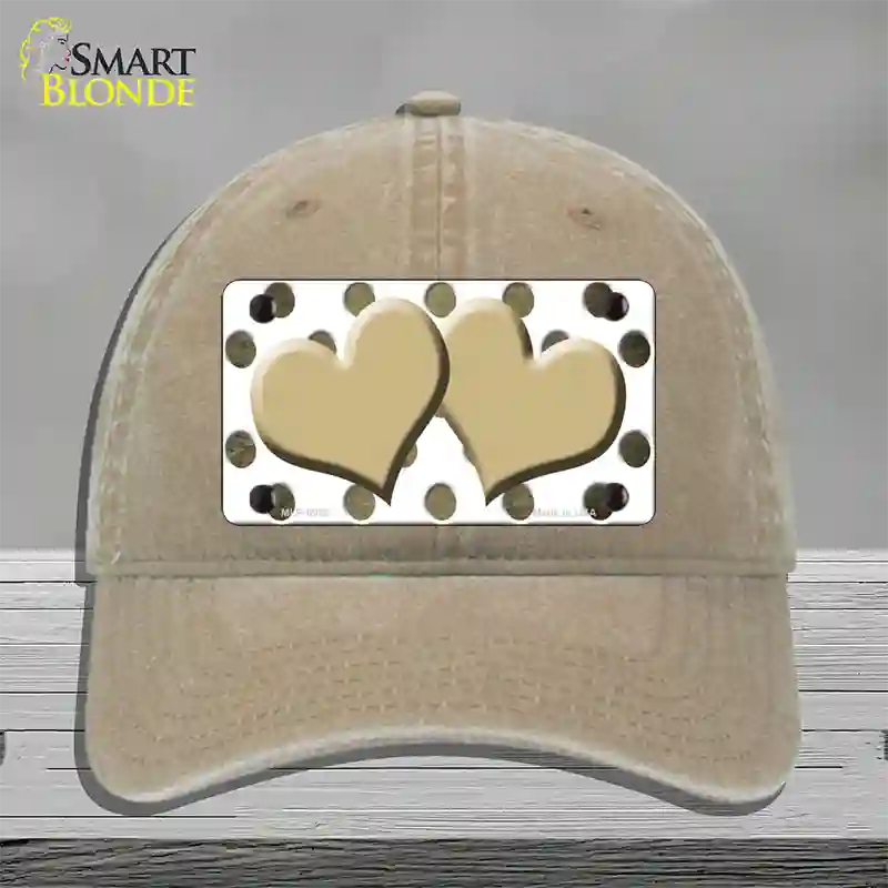 Gold White Dots Hearts Oil Rubbed Novelty License Plate Hat Unconstructed Cotton / Khaki