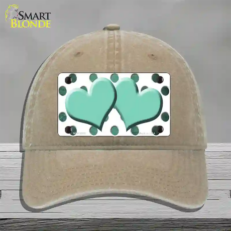 Mint White Dots Hearts Oil Rubbed Novelty License Plate Hat Unconstructed Cotton / Khaki