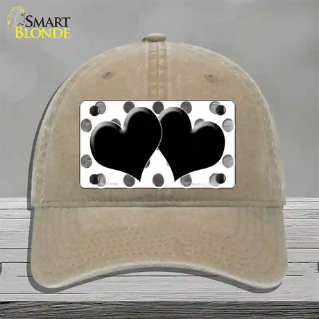 Black White Dots Hearts Oil Rubbed Novelty License Plate Hat Unconstructed Cotton / Khaki