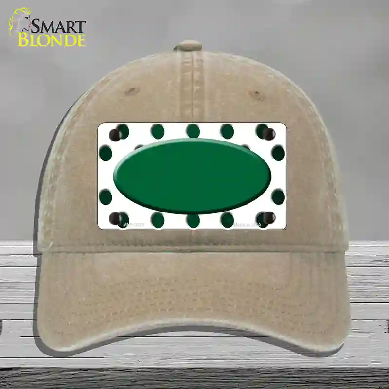 Green White Dots Oval Oil Rubbed Novelty License Plate Hat Unconstructed Cotton / Khaki