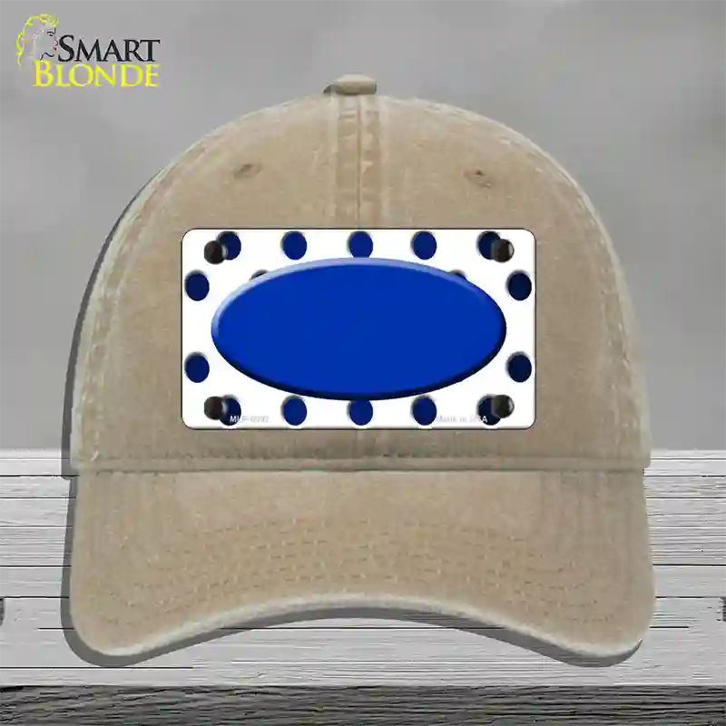 Blue White Dots Oval Oil Rubbed Novelty License Plate Hat Unconstructed Cotton / Khaki