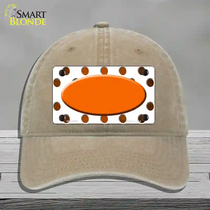 Orange White Dots Oval Oil Rubbed Novelty License Plate Hat Unconstructed Cotton / Khaki