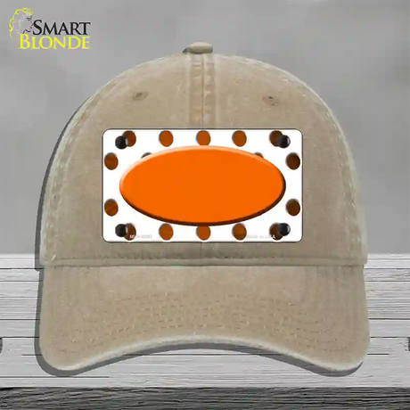 Orange White Dots Oval Oil Rubbed Novelty License Plate Hat Unconstructed Cotton / Khaki