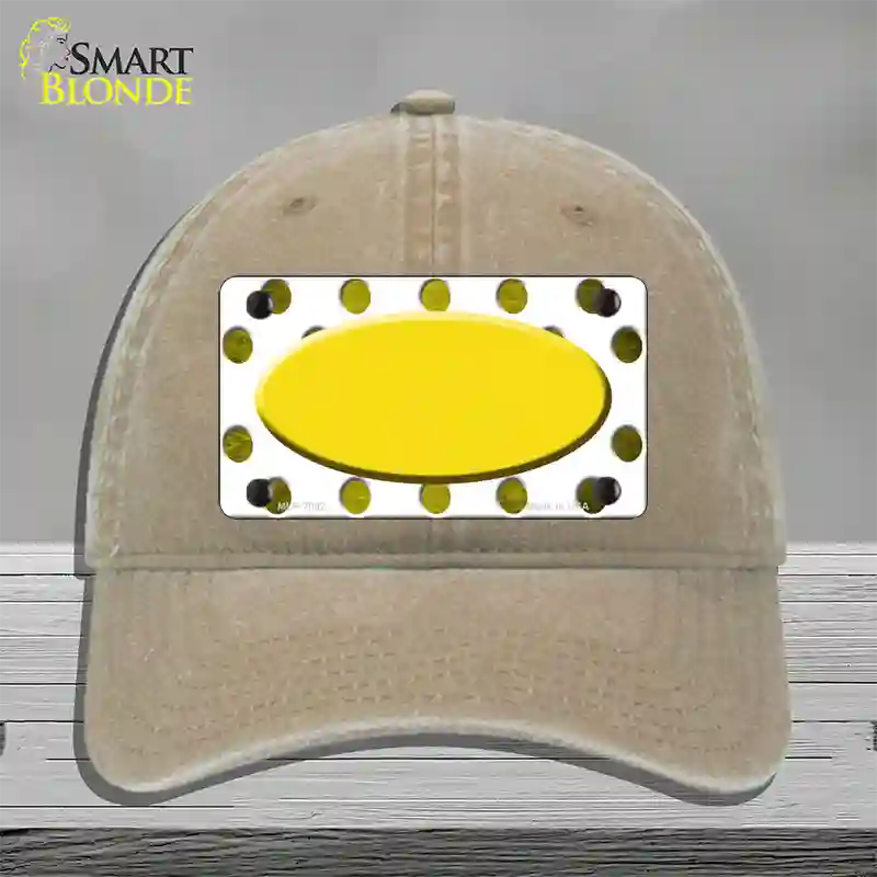 Yellow White Dots Oval Oil Rubbed Novelty License Plate Hat Unconstructed Cotton / Khaki