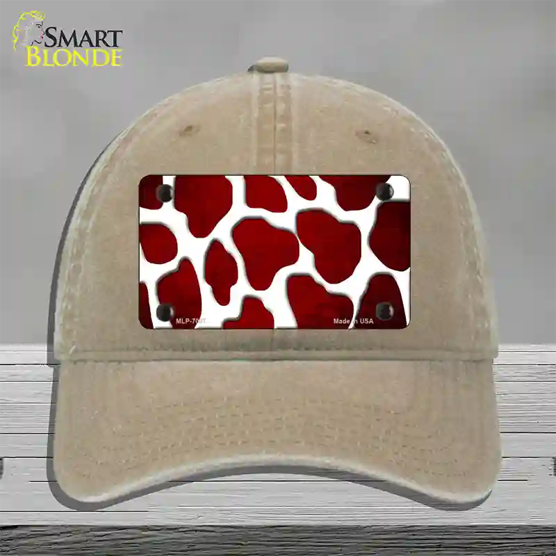 Red White Giraffe Oil Rubbed Novelty License Plate Hat Unconstructed Cotton / Khaki