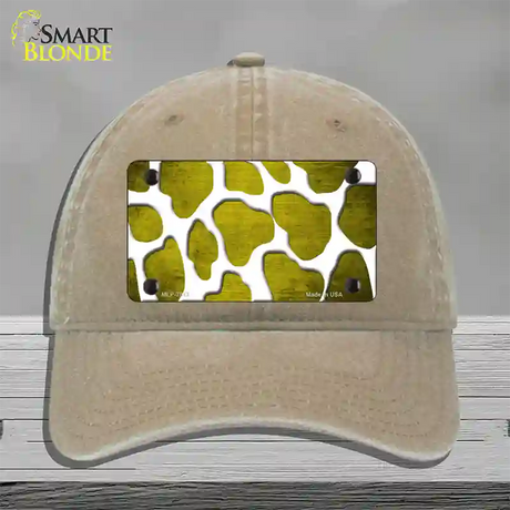 Yellow White Giraffe Oil Rubbed Novelty License Plate Hat Unconstructed Cotton / Khaki