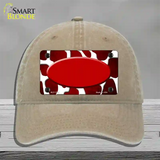 Red White Oval Giraffe Oil Rubbed Novelty License Plate Hat Unconstructed Cotton / Khaki