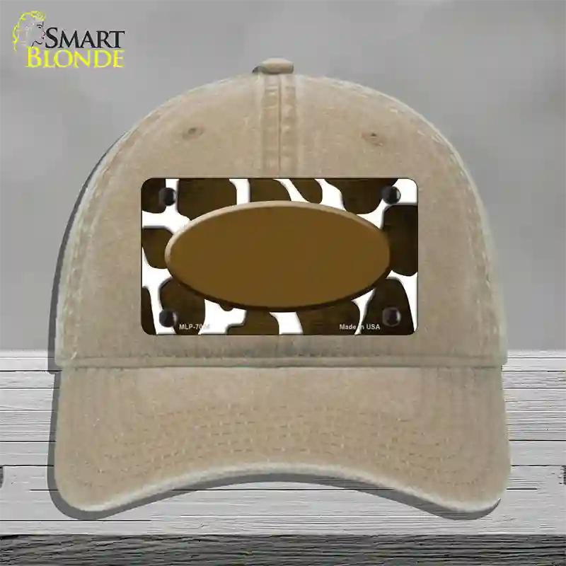 Brown White Oval Giraffe Oil Rubbed Novelty License Plate Hat Unconstructed Cotton / Khaki