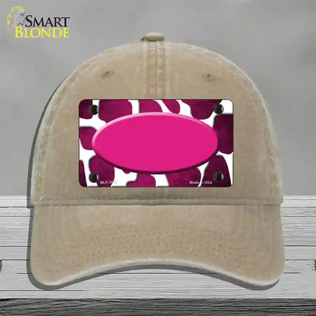 Pink White Oval Giraffe Oil Rubbed Novelty License Plate Hat Unconstructed Cotton / Khaki