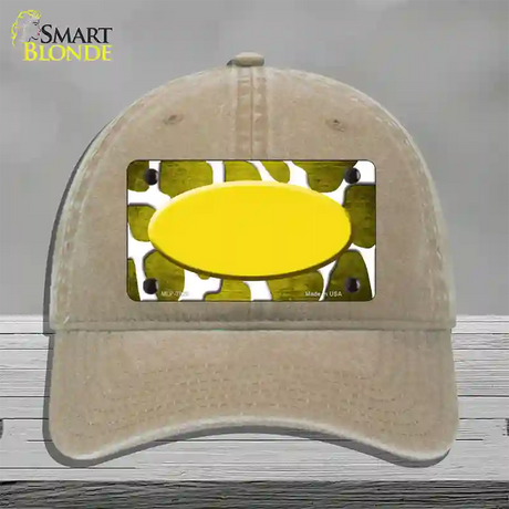 Yellow White Oval Giraffe Oil Rubbed Novelty License Plate Hat Unconstructed Cotton / Khaki