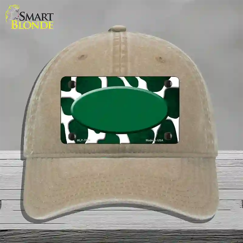 Green White Oval Giraffe Oil Rubbed Novelty License Plate Hat Unconstructed Cotton / Khaki