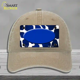 Blue White Oval Giraffe Oil Rubbed Novelty License Plate Hat Unconstructed Cotton / Khaki