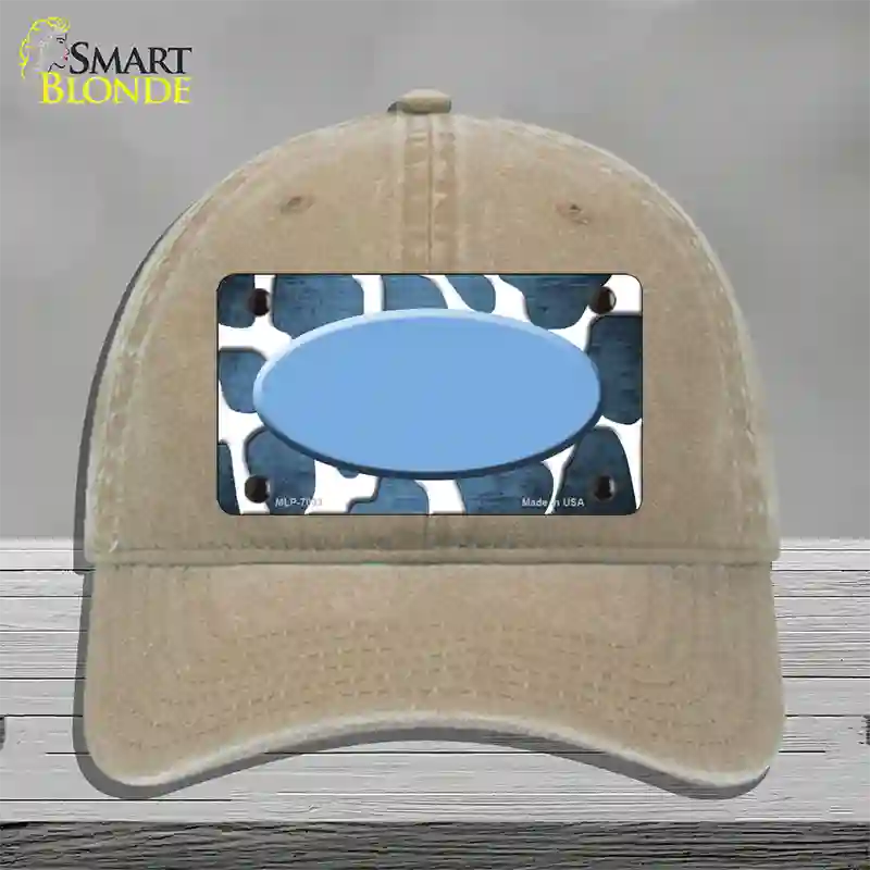 Light Blue White Oval Giraffe Oil Rubbed Novelty License Plate Hat Unconstructed Cotton / Khaki