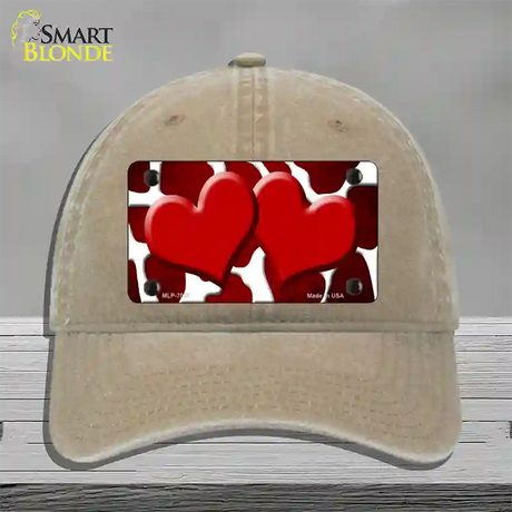 Red White Hearts Giraffe Oil Rubbed Novelty License Plate Hat Unconstructed Cotton / Khaki