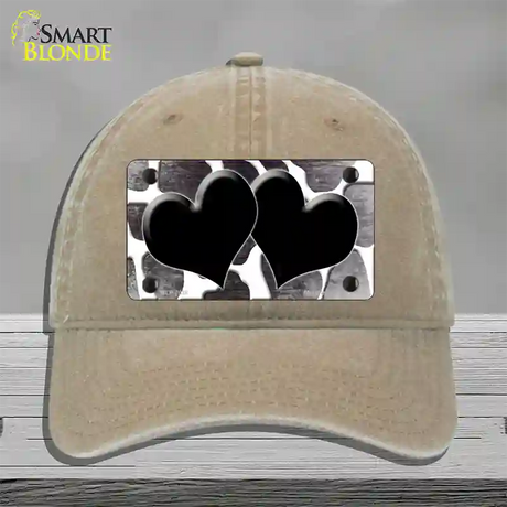 Black White Hearts Giraffe Oil Rubbed Novelty License Plate Hat Unconstructed Cotton / Khaki