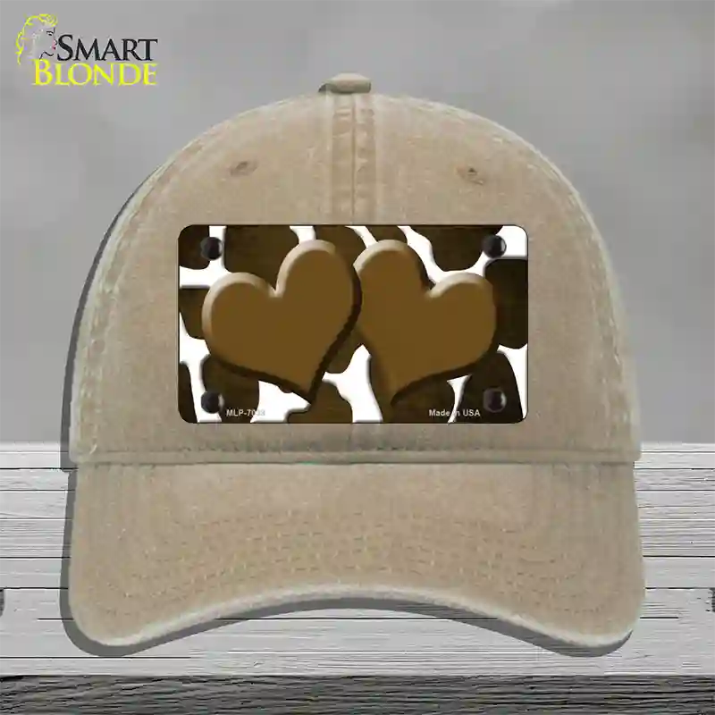 Brown White Hearts Giraffe Oil Rubbed Novelty License Plate Hat Unconstructed Cotton / Khaki