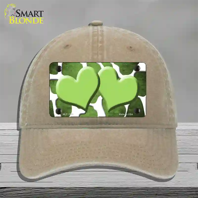 Lime Green White Hearts Giraffe Oil Rubbed Novelty License Plate Hat Unconstructed Cotton / Khaki