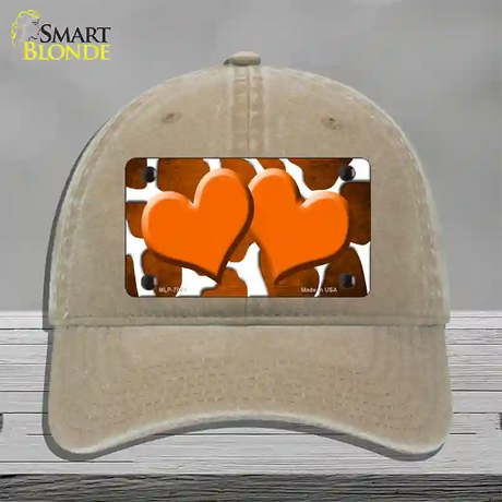 Orange White Hearts Giraffe Oil Rubbed Novelty License Plate Hat Unconstructed Cotton / Khaki