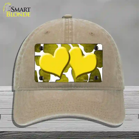 Yellow White Hearts Giraffe Oil Rubbed Novelty License Plate Hat Unconstructed Cotton / Khaki