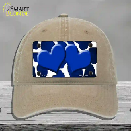 Blue White Hearts Giraffe Oil Rubbed Novelty License Plate Hat Unconstructed Cotton / Khaki