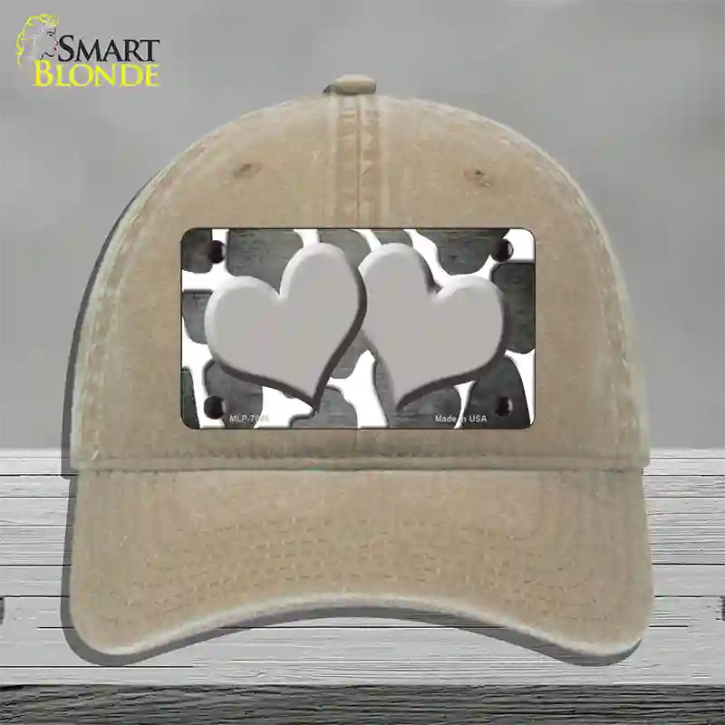 Gray White Hearts Giraffe Oil Rubbed Novelty License Plate Hat Unconstructed Cotton / Khaki