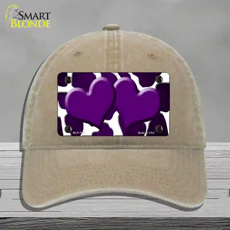 Purple White Hearts Giraffe Oil Rubbed Novelty License Plate Hat Unconstructed Cotton / Khaki