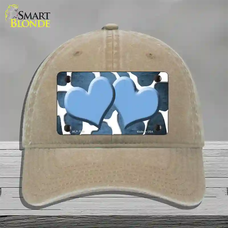 Light Blue White Hearts Giraffe Oil Rubbed Novelty License Plate Hat Unconstructed Cotton / Khaki