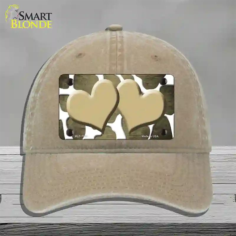 Gold White Hearts Giraffe Oil Rubbed Novelty License Plate Hat Unconstructed Cotton / Khaki