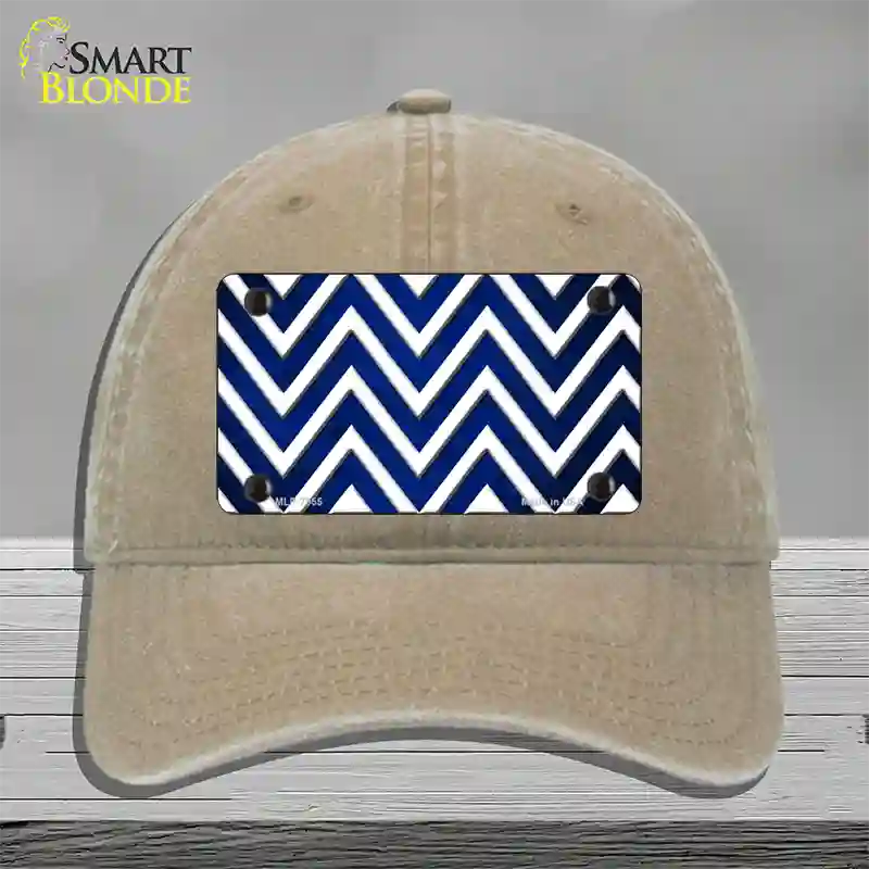 Blue White Chevron Oil Rubbed Novelty License Plate Hat Unconstructed Cotton / Khaki