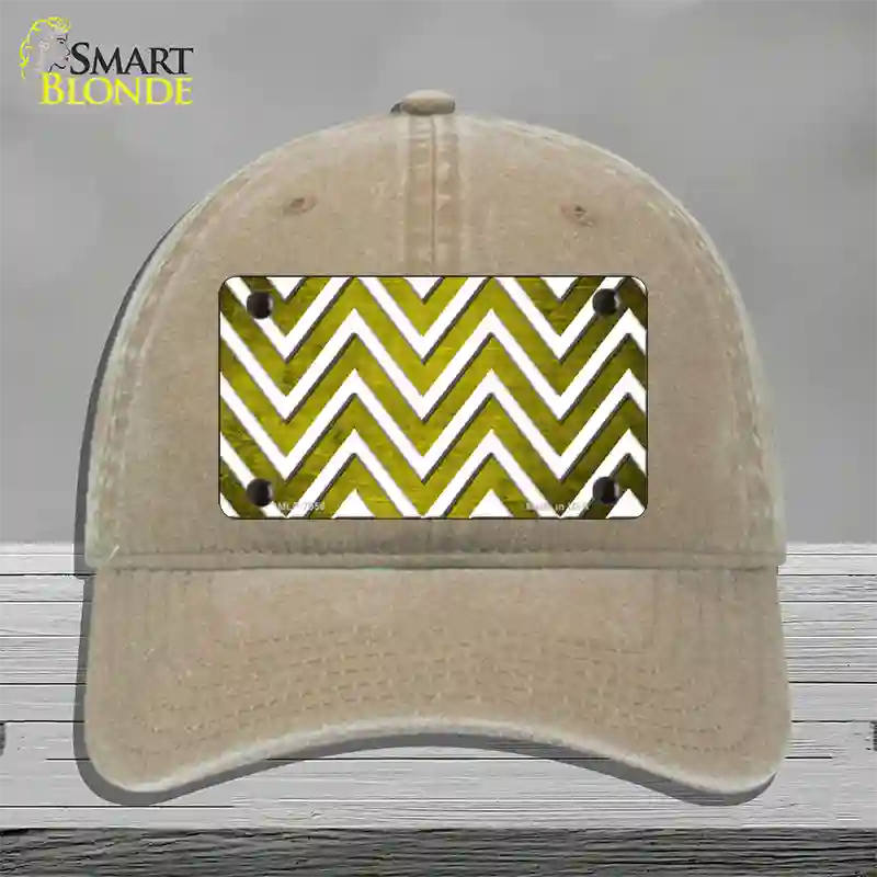 Yellow White Chevron Oil Rubbed Novelty License Plate Hat Unconstructed Cotton / Khaki