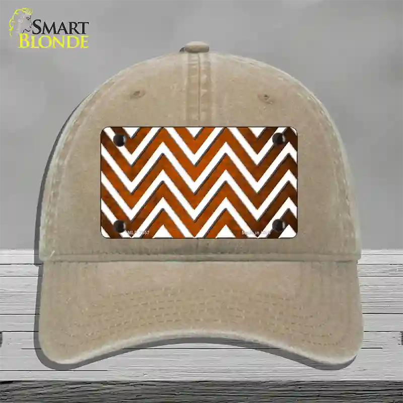 Orange White Chevron Oil Rubbed Novelty License Plate Hat Unconstructed Cotton / Khaki