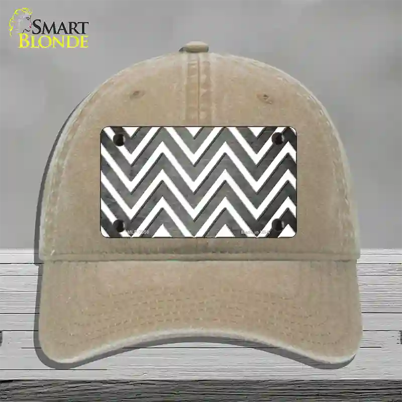 Gray White Chevron Oil Rubbed Novelty License Plate Hat Unconstructed Cotton / Khaki