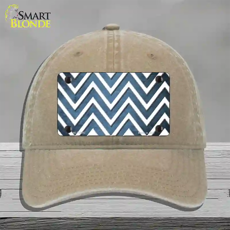 Light Blue White Chevron Oil Rubbed Novelty License Plate Hat Unconstructed Cotton / Khaki