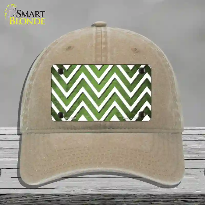 Lime Green White Chevron Oil Rubbed Novelty License Plate Hat Unconstructed Cotton / Khaki