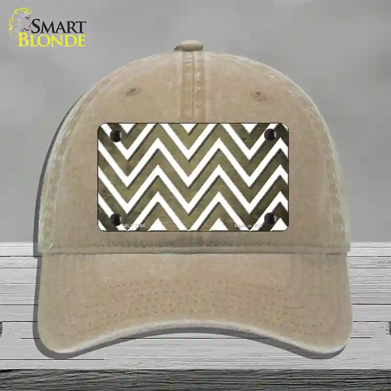 Gold White Chevron Oil Rubbed Novelty License Plate Hat Unconstructed Cotton / Khaki